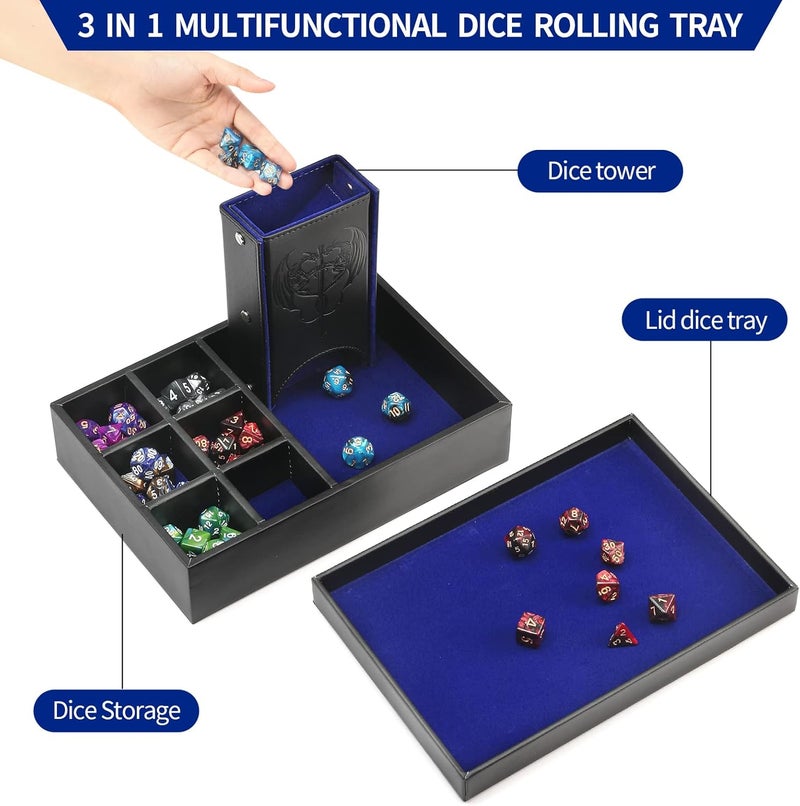 Grajar 3 in 1 Dice Tray with Lid, Portable Dice Box Storage for DND, Dungeons and Dragons, D&D, MTG & RPG Games - Blue - Image 3